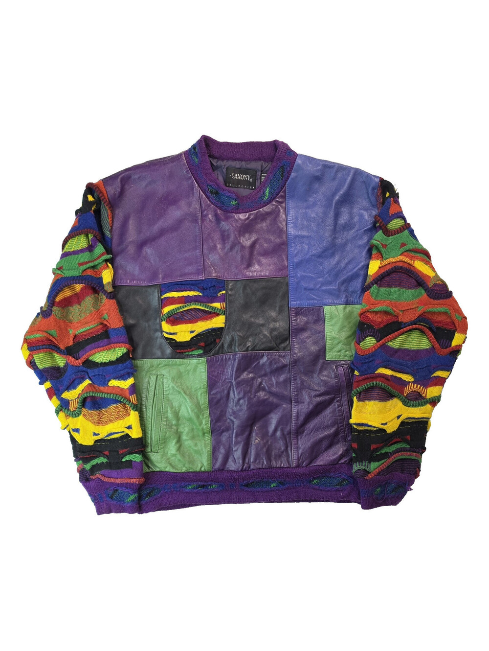 Saxony Vintage Purple Multicolor Leather 3D Knit Pullover Sweater Mens M Coogi